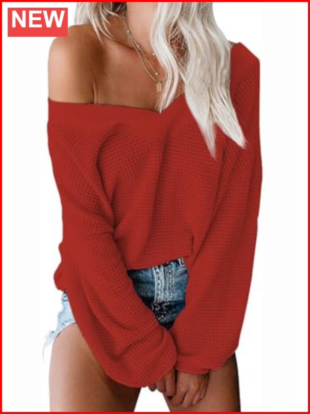 Waffle Knit Off Shoulder Pullover Sweater Loose Bat Sleeve V Neck Long Sleeve
